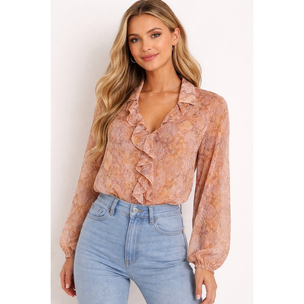 Majorelle Blouse Womens S Peach‎ Snakeskin Ruffle V-Neck Long Sleeve NWT